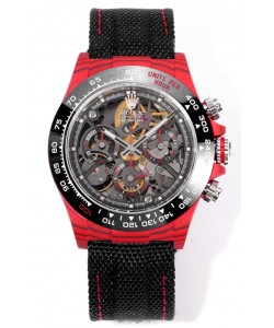 Rolex Daytona Blaken Red Carbon, réplique 1:1, cadran squelette, mouvement Cal. 4130, finition miroir suisse.