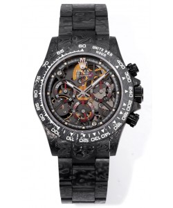 Rolex Daytona Blaken Black Carbon, réplique 1:1, cadran squelette, mouvement Cal. 4130, finition miroir suisse.