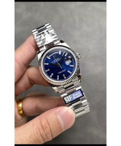 Rolex Day Date Super Clone en acier inoxydable cadran bleu chiffres en cristal 36MM - Réplique de montre 1:1 