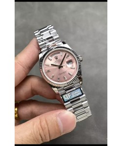 Rolex Day Date Super Clone en acier inoxydable Cadran rose Chiffres en cristal 36MM - Montre réplique 1:1