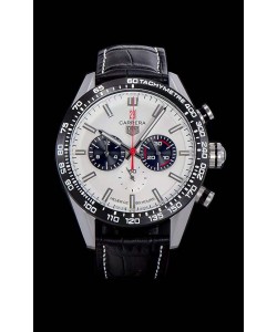 Montre Tag Heuer Carrera Swiss Mouvement à Quartz - Cadran blanc - Bracelet en cuir noir