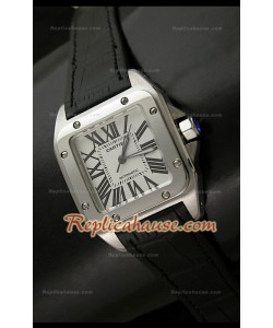 Cartier Santos 100 Swiss Femmes Automatic Montre en Cuir Noir - 33 mm