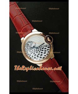 Ballon De Cartier Montre en Or Rose avec Cadran Léopard et Bracelet Rouge