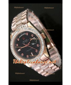 Rolex Day Date Swiss Replica Montre - Taille Moyenne 37 mm - Cadran Noir Everose 