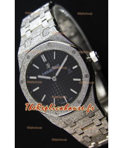 Montre Audemars Piguet Royal Oak Blanc Or givré à Quartz avec Cadran Noir Réplique à l’identique 1:1 -33 mm 