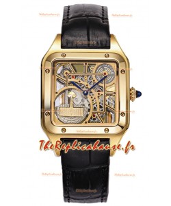 Montre Cartier Santos Dumont Squelette en or jaune, bracelet cuir noir 43.5MM
