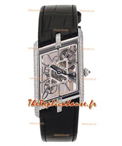 Cartier Tank Asymétrique Montre en acier inoxydable avec lunette en diamants et bracelet en cuir Réplique Suisse