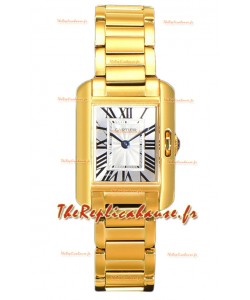 Montre Cartier Tank Anglaise en or jaune sur bracelet acier Montre suisse à quartz 30 mm