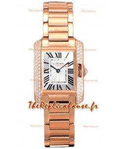 Montre Cartier Tank Anglaise Or Rose sur Bracelet Acier Lunette Diamants Montre Suisse à Quartz 30MM