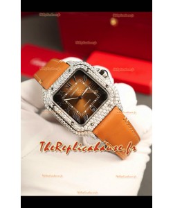 Montre Santos De Cartier avec cadran marron 39.50MM Lunette pavée MOSSANITES Réplique Suisse