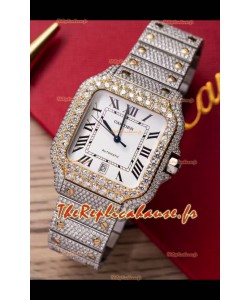 Montre Santos De Cartier avec cadran blanc MOSSANITES Pavé Edition Suisse Réplique Montre