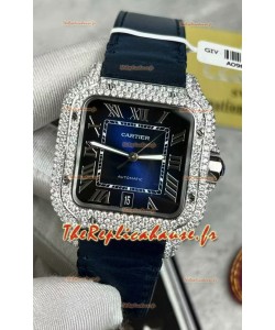 Montre Santos De Cartier avec cadran bleu et lunette pavée MOSSANITES 39.50MM Réplique Montre Suisse