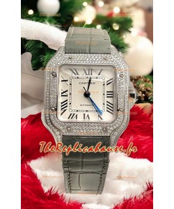 Montre Santos De Cartier à cadran blanc 39,50 mm, lunette sertie de moussanites, réplique suisse