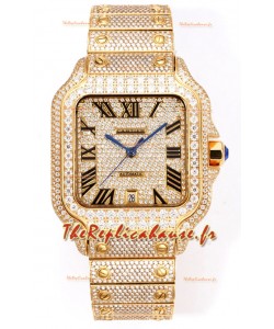 Cartier « Santos De Cartier » en or jaune avec diamants, cadran romain, réplique miroir 1:1 - 40 mm - diamants authentiques