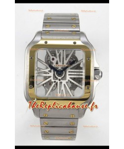 Montre Santos De Cartier super clone avec cadran squelette et boîtier bicolore