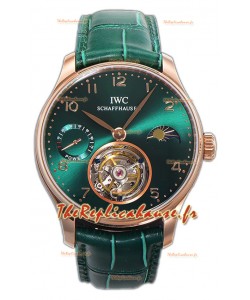IWC Portugese Hand-Wound Genuine Tourbillon Cadran vert Boîtier or rose Montre Suisse Réplique 