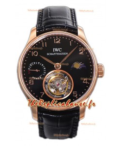 IWC Portugese Hand-Wound Genuine Tourbillon Cadran noir Boîtier or rose Montre Suisse Réplique 