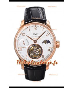 IWC Portugese Hand-Wound Genuine Tourbillon Cadran Blanc Boîtier Or Rose Montre Suisse Réplique 