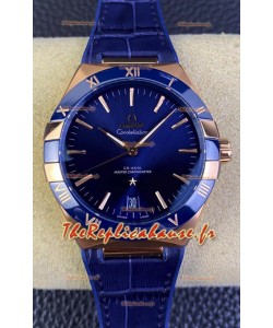 Omega Co-Axial Constellation 41MM Montre réplique or rose 904L - cadran bleu Miroir 1:1