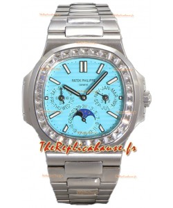 Patek Philippe Nautilus 5740 Quantième Perpétuel Or Blanc Cadran Tiffany Lunette Diamants Réplique Suisse 