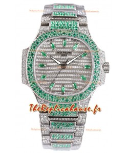 Patek Philippe Nautilus 7118R 35MM 1:1 Montre pavée de diamants verts en boîtier acier