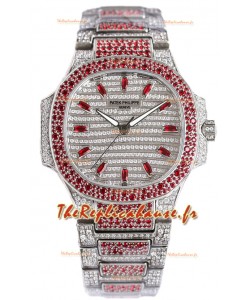 Patek Philippe Nautilus 7118R 35MM 1:1 Montre pavée de diamants rouges en boîtier acier 