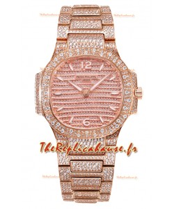 Patek Philippe Nautilus 7118R 35MM Montre sertie diamants Boitier or rose Montre réplique 1:1