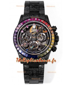 Rolex Daytona Blaken Black Carbon, réplique 1:1, cadran squelette, mouvement Cal. 4130, finition miroir suisse.