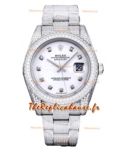 Rolex Datejust 41MM Swiss Replica - Iced Out Edition avec cadran blanc nacré