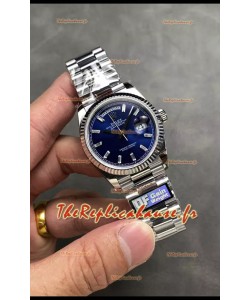 Rolex Day Date Super Clone en acier inoxydable cadran bleu chiffres en cristal 36MM - Réplique de montre 1:1 
