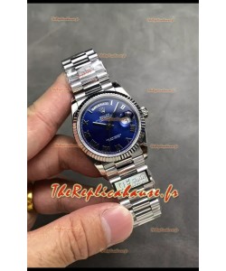 Rolex Day Date Super Clone Acier Inoxydable Cadran Bleu Petits Chiffres Romains 36MM - Montre réplique 1:1
