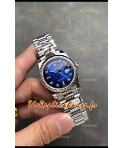 Rolex Day Date Super Clone Acier Inoxydable Cadran Bleu Diamants 36MM - Montre réplique 1:1