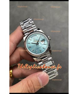 Rolex Day Date Super Clone en acier inoxydable Cadran bleu glacier Chiffres en cristal 36MM - Montre réplique 1:1 