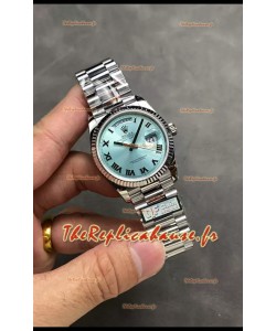 Rolex Day Date Super Clone en acier inoxydable cadran bleu glacier chiffres romains 36MM - Montre réplique 1:1