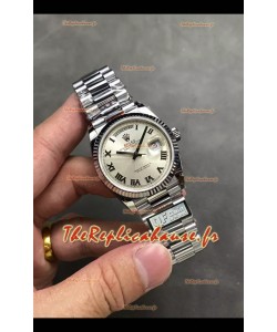 Rolex Day Date Super Clone Montre en acier inoxydable à cadran argenté et chiffres romains 36MM - Montre réplique 1:1 