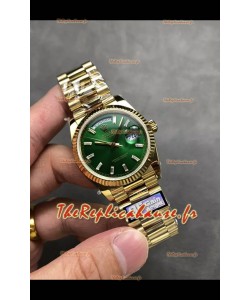 Rolex Day Date Super Clone Or Jaune Cadran Vert Chiffres Cristaux 36MM - Montre réplique 1:1