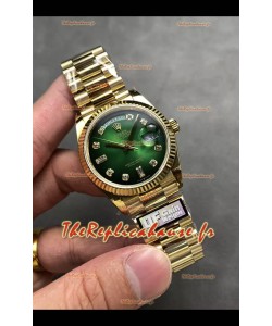 Rolex Day Date Super Clone Or Jaune Cadran Vert Chiffres Diamants 36MM - Montre réplique 1:1