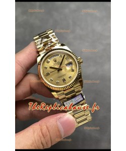 Rolex Day Date Super Clone Or Jaune Boîtier et Cadran Diamants Numéraux 36MM - Montre réplique 1:1