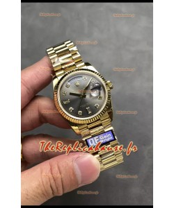 Rolex Day Date Super Clone Or Jaune Cadran Gris Chiffres Diamants 36MM - Montre réplique 1:1