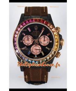 Rolex Daytona Super Clone DiW Carbon Edition Lunette arc-en-ciel - Boîtier carbone forgé Bracelet kaki Réplique 1:1 