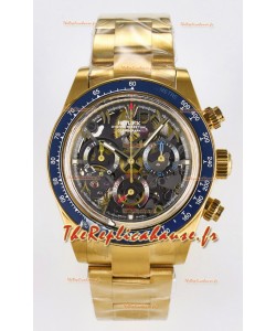 Rolex Daytona Super Clone Artisans De Geneve Montre en or jaune Lunette bleue Montre Skeleton 