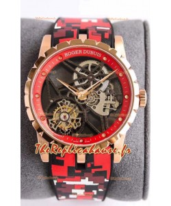 Montre Suisse Roger Dubuis Excalibur Araignée Volante Tourbillon Squelette Boîtier Or Rose Miroir 1:1
