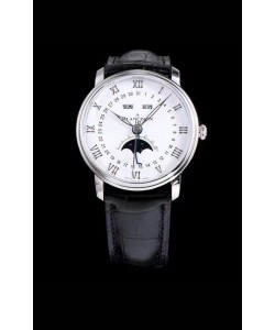 Montre suisse Blancpain "Villeret Quantième Complet" 904L en acier, cadran blanc