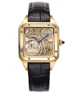 Montre Cartier Santos Dumont Squelette en or jaune, bracelet cuir noir 43.5MM