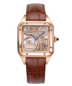 Montre Cartier Santos Dumont Squelette en or rose sur bracelet cuir marron 43.5MM