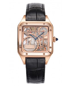 Montre Cartier Santos Dumont Squelette en or rose sur bracelet cuir noir 43,5 mm