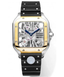 Montre Santos de Cartier avec cadran squelette - lunette bicolore - bracelet caoutchouc 