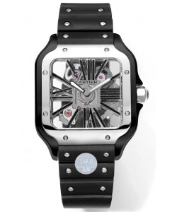 Montre Santos de Cartier avec cadran squelette - boîtier et lunette en acier revêtus de DLC - bracelet en caoutchouc