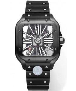Montre Santos De Cartier en cadran squelette - Boîtier et lunette avec revêtement DLC sur bracelet caoutchouc