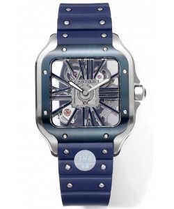 Montre Santos de Cartier - Cadran squelette - Boîtier acier inoxydable - Bracelet caoutchouc
